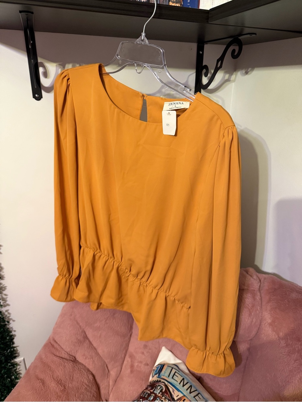 Zenana Outfitters Mustard Ruffle Hem Long Sleeve Blouse